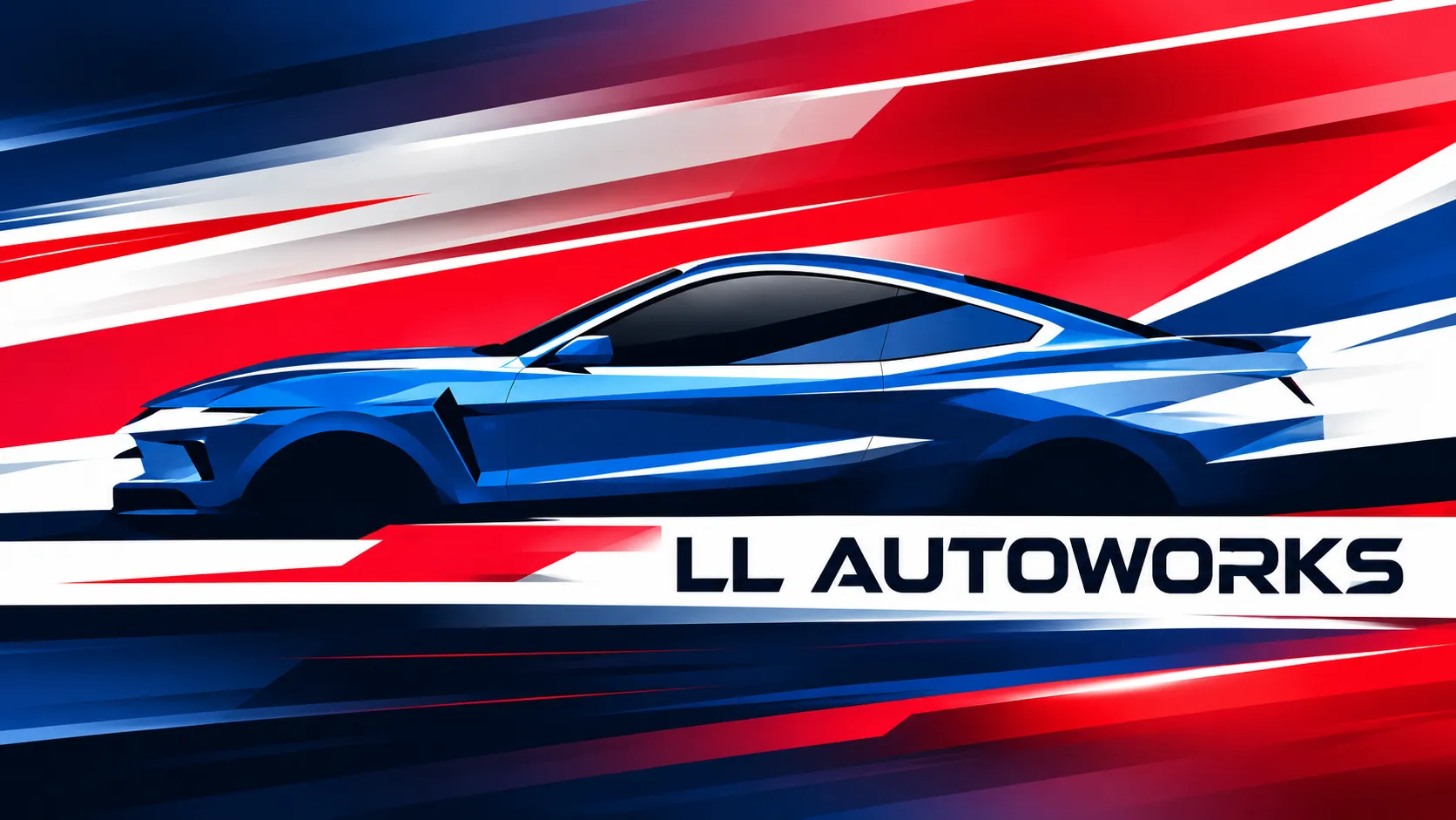 LL Autoworks artwork: blue sports car with red, white and blue speed stripes