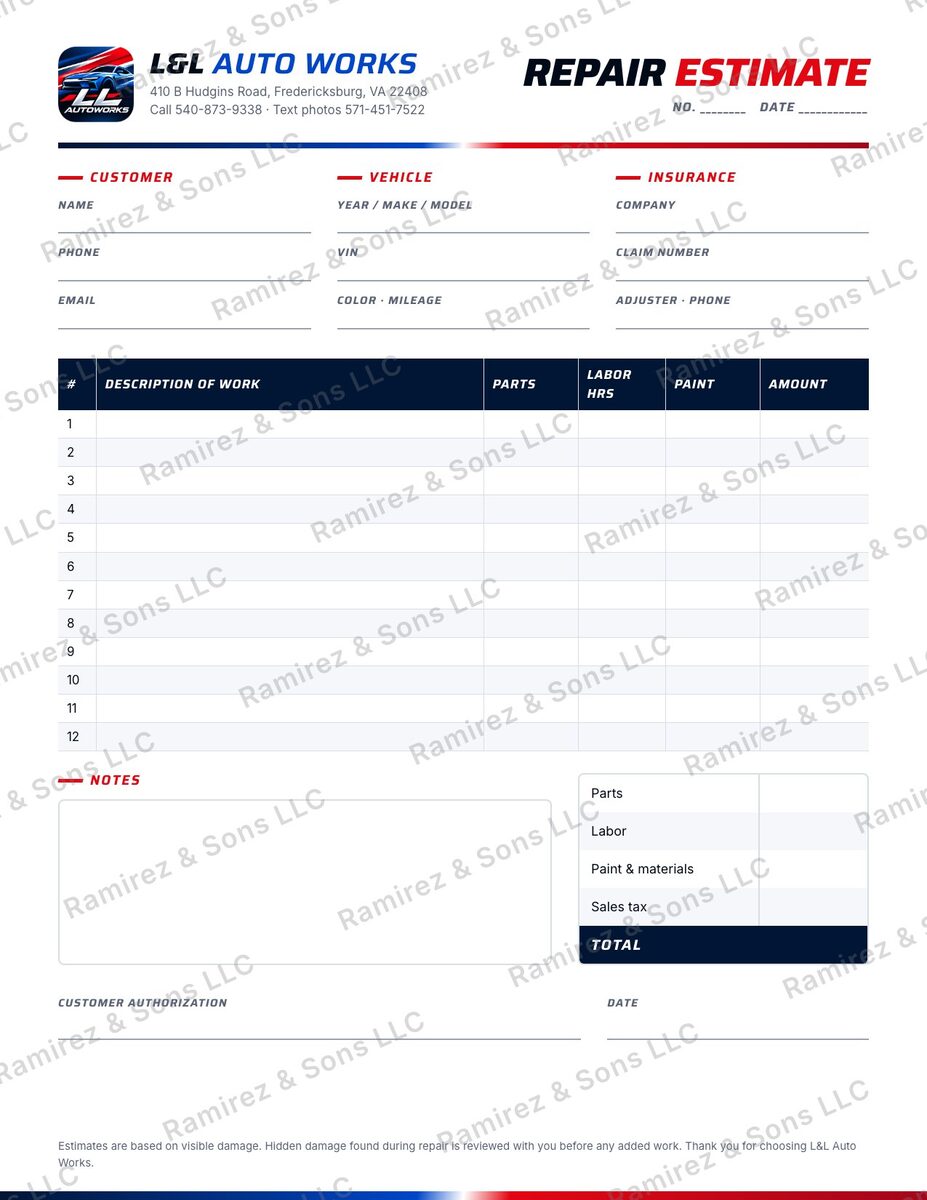 Repair estimate form, US Letter
